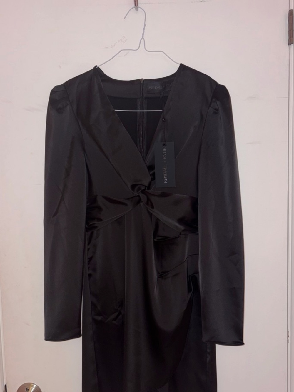 Kendall & Kylie Black Satin Twist-Front Long Sleeve Dress